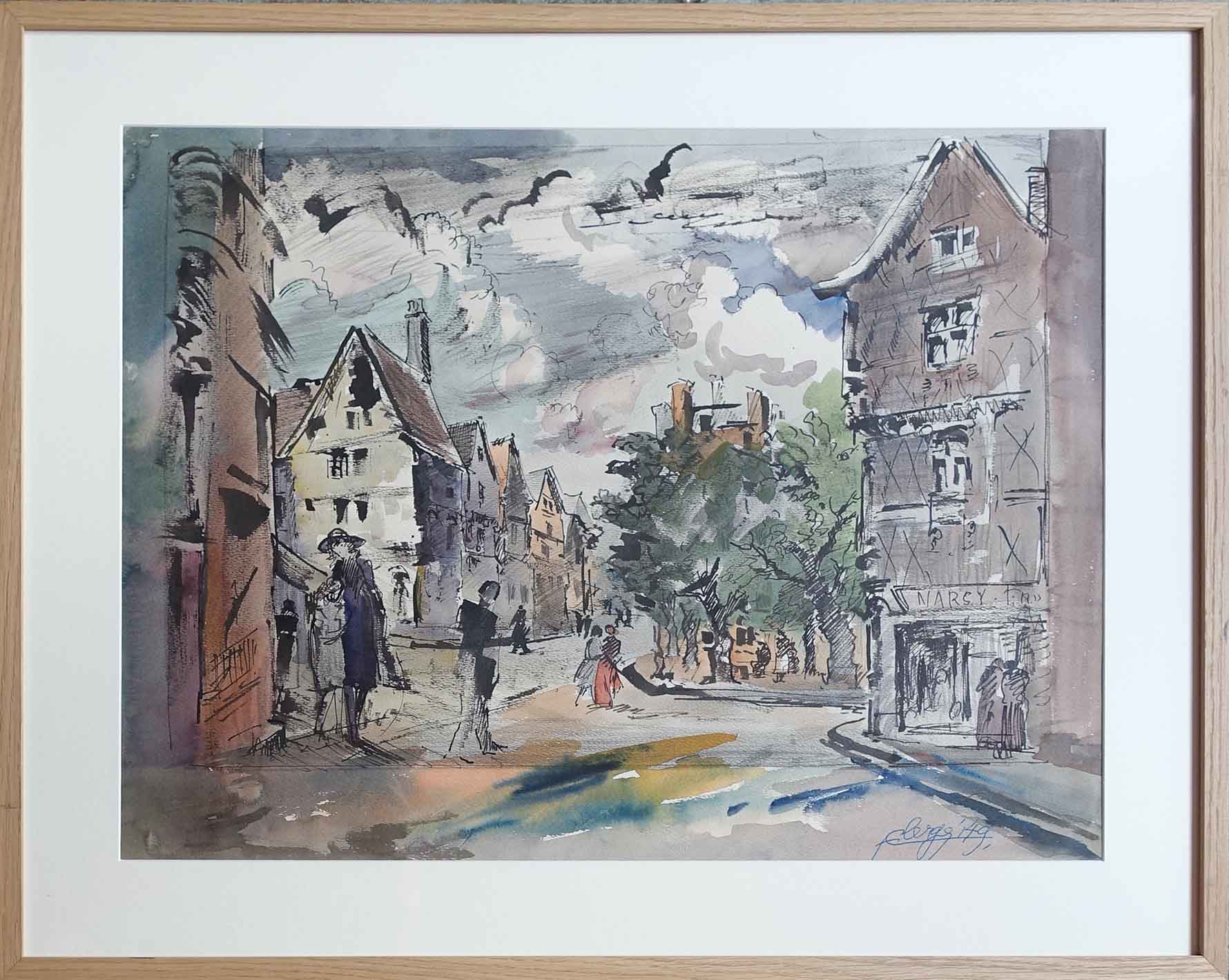 Aquarelle et encre. Scène de rue. Auguste Clergé. Achat art, tableau, décoration