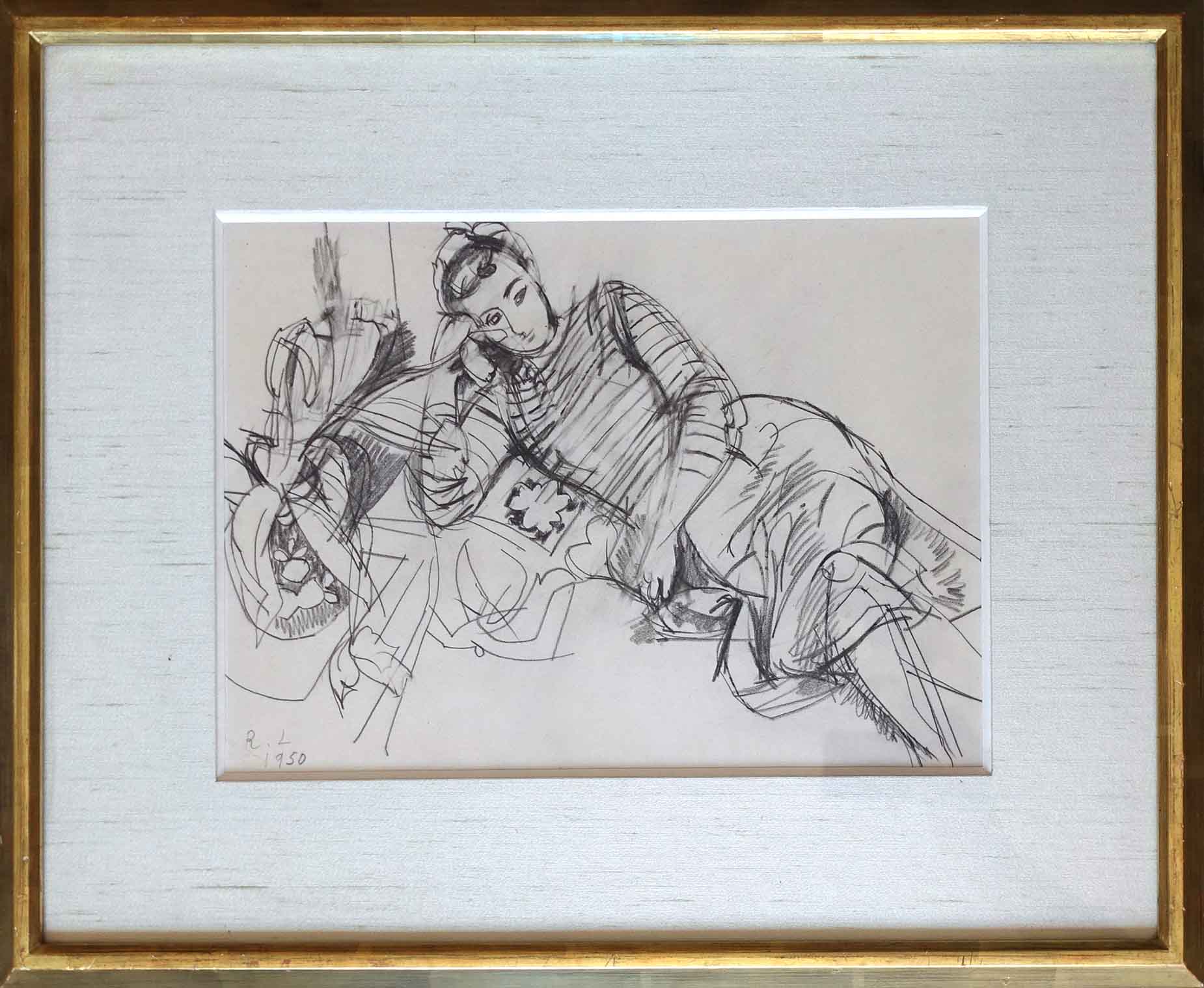 Legueult. Emilienne allongée. Fusain. Art achat, achat tableau, achat décoration