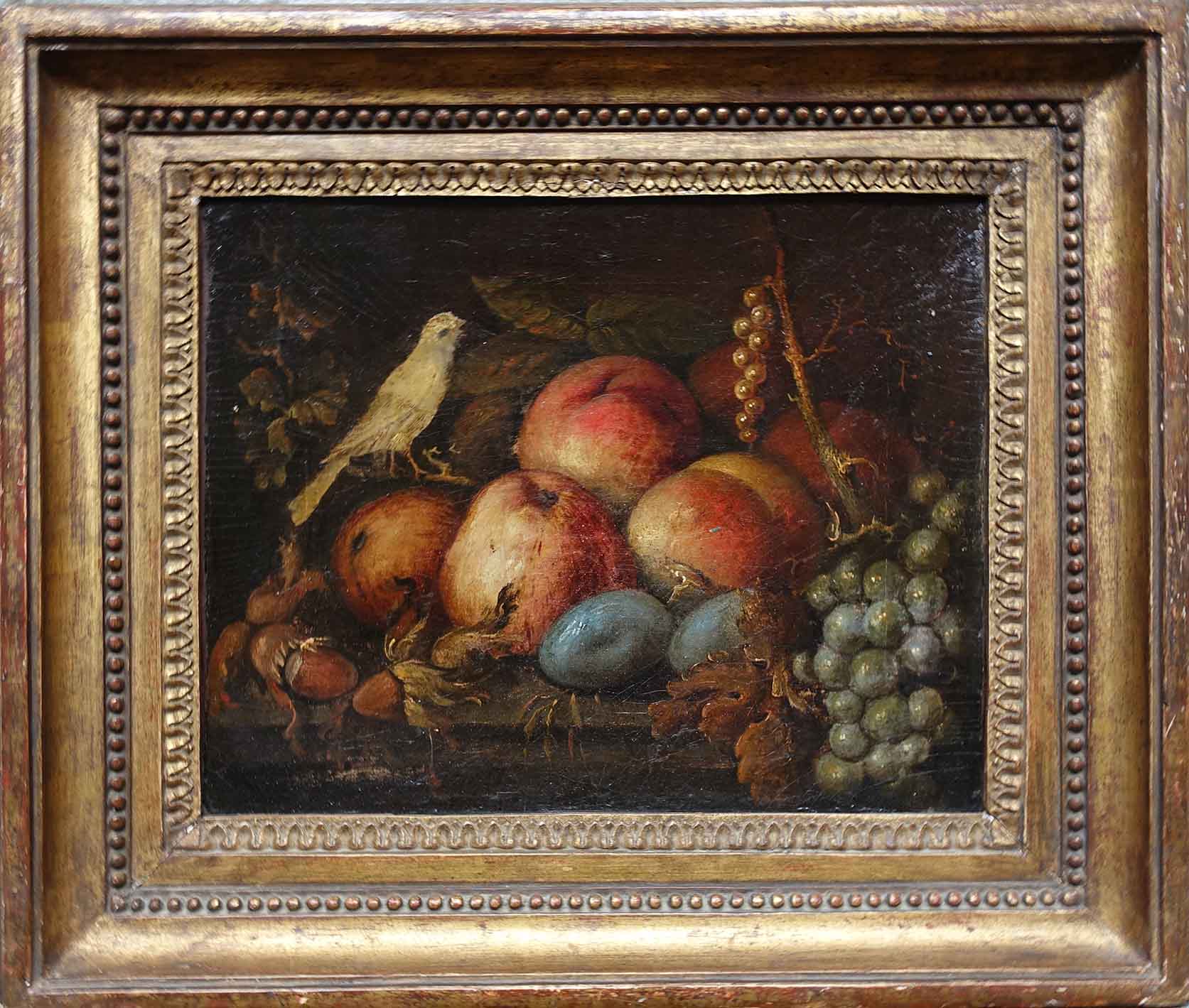 Oiseaux, raisins et pêches. Nature morte. Achat art tableau décoration