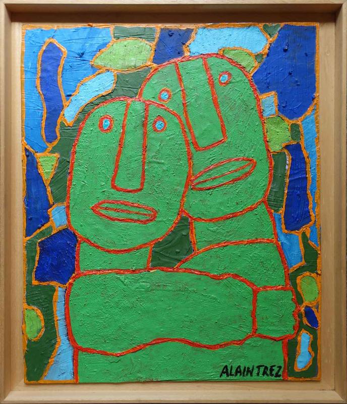 Alain Trez. Idyllle en vert. 2001.Acrylique et collage sur panneau. Tableau achat décoration