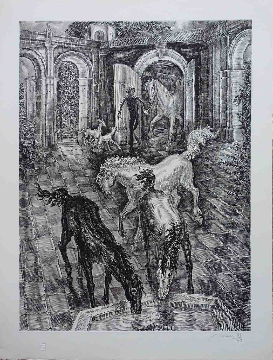 Albert Decaris. Eau-forte, Chevaux s'abreuvant, achat art, art moderne, décoration