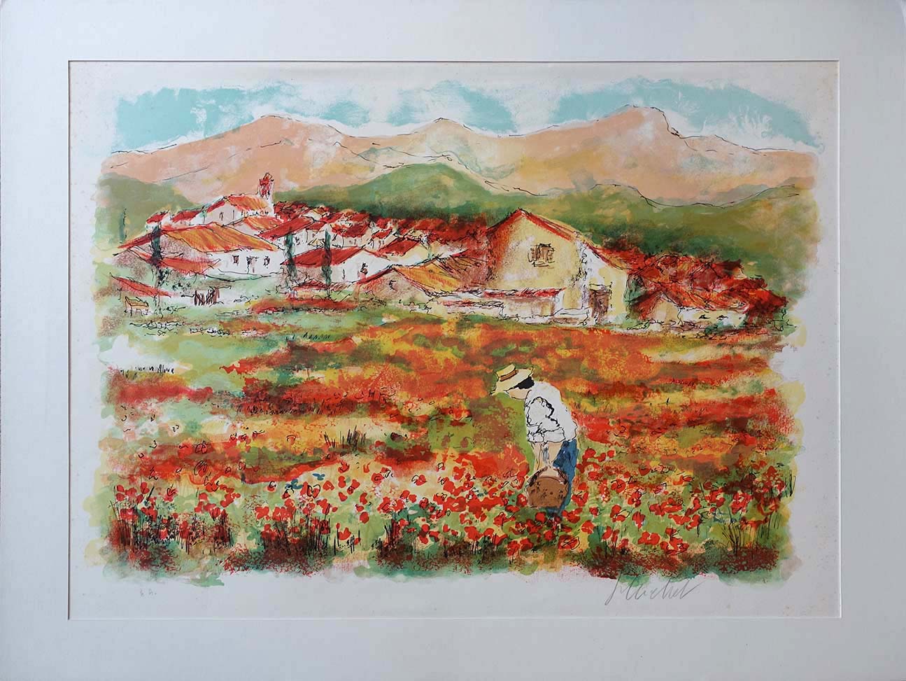 Urbain Huchet. Lithographie. Champ de fleurs en Provence. Achat art, achat tableau, décoration