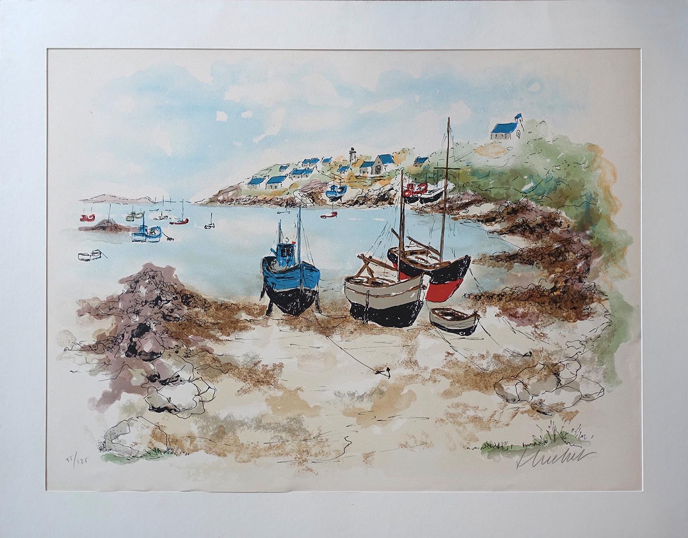 Urbain Huchet. Lithographie. Trois chalutiers. Achat lithographie. 