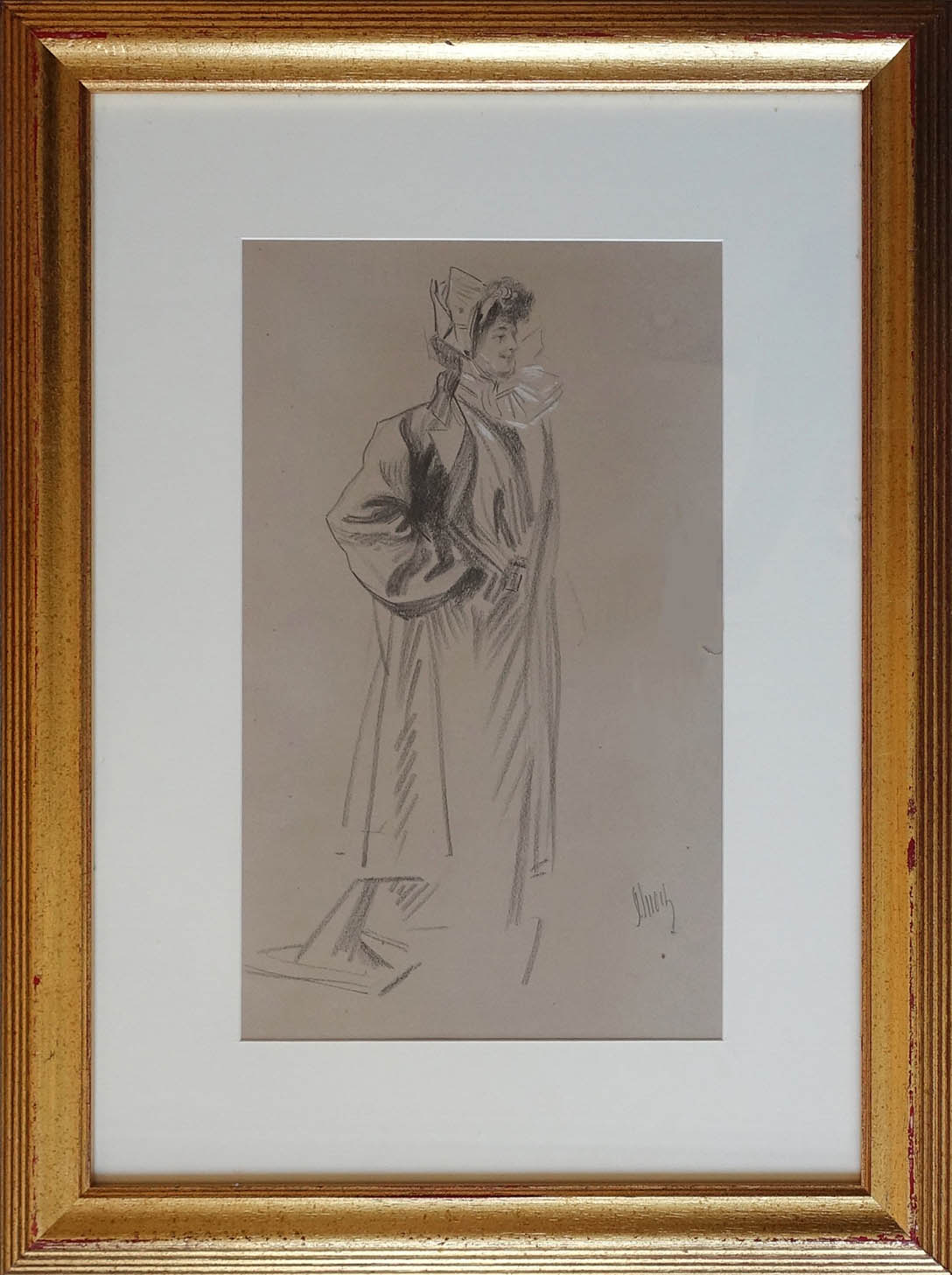 Jules Chéret. Femme à la coiffe. Fusain. Acaht art, achat décoration, achat tableau Belle époque,