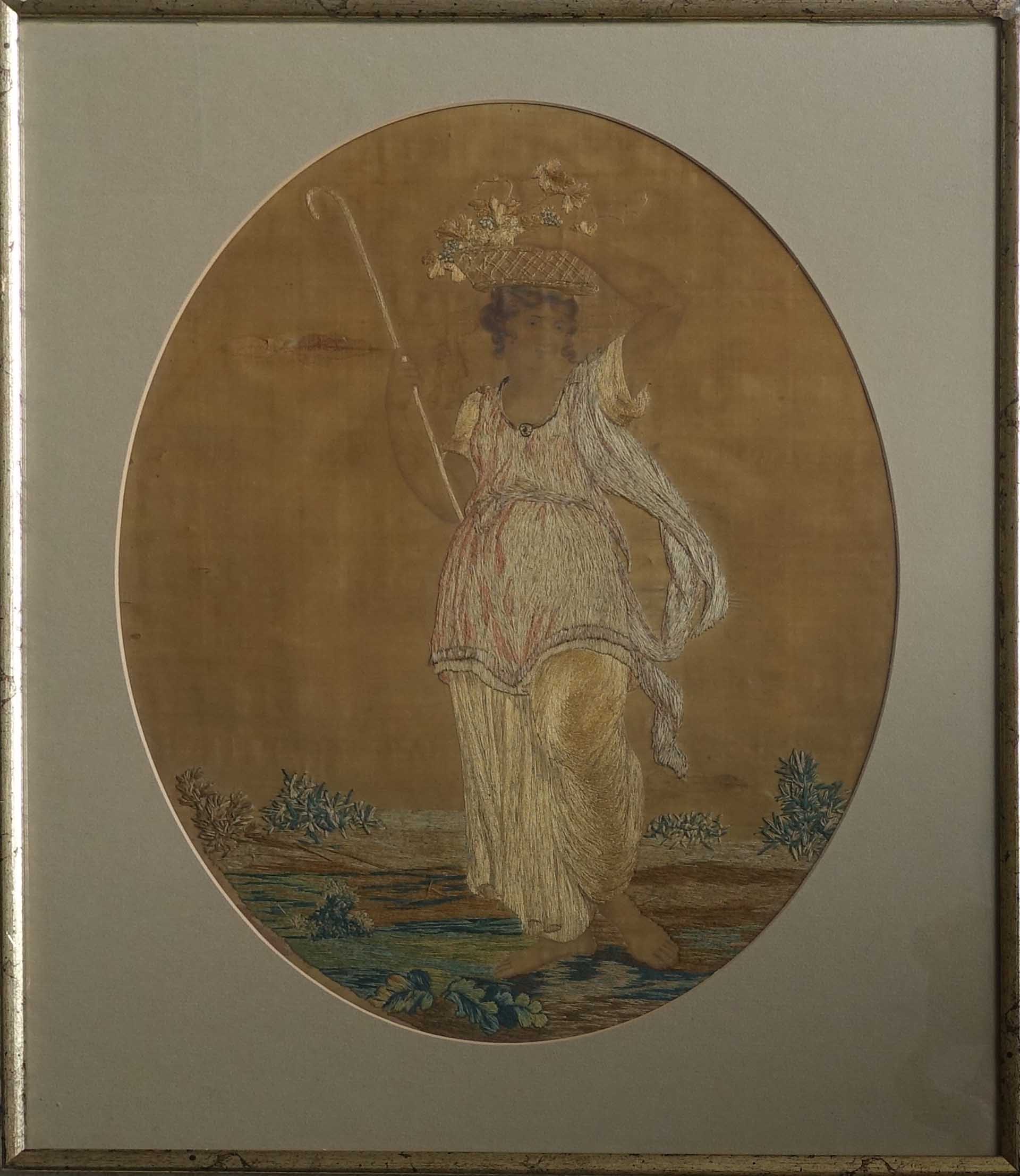 Nymphe à la corbeille de raisins. Encre et broderie à l'aiguille. XVIIIe siècle.