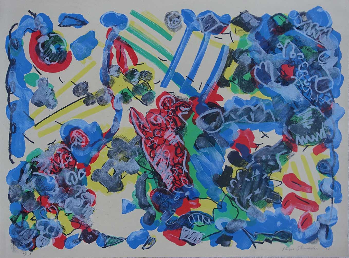 Shizu Shimada. Composition bleue sur fond vert pâle. Achat art , achat abstraction, achat art japonais, 