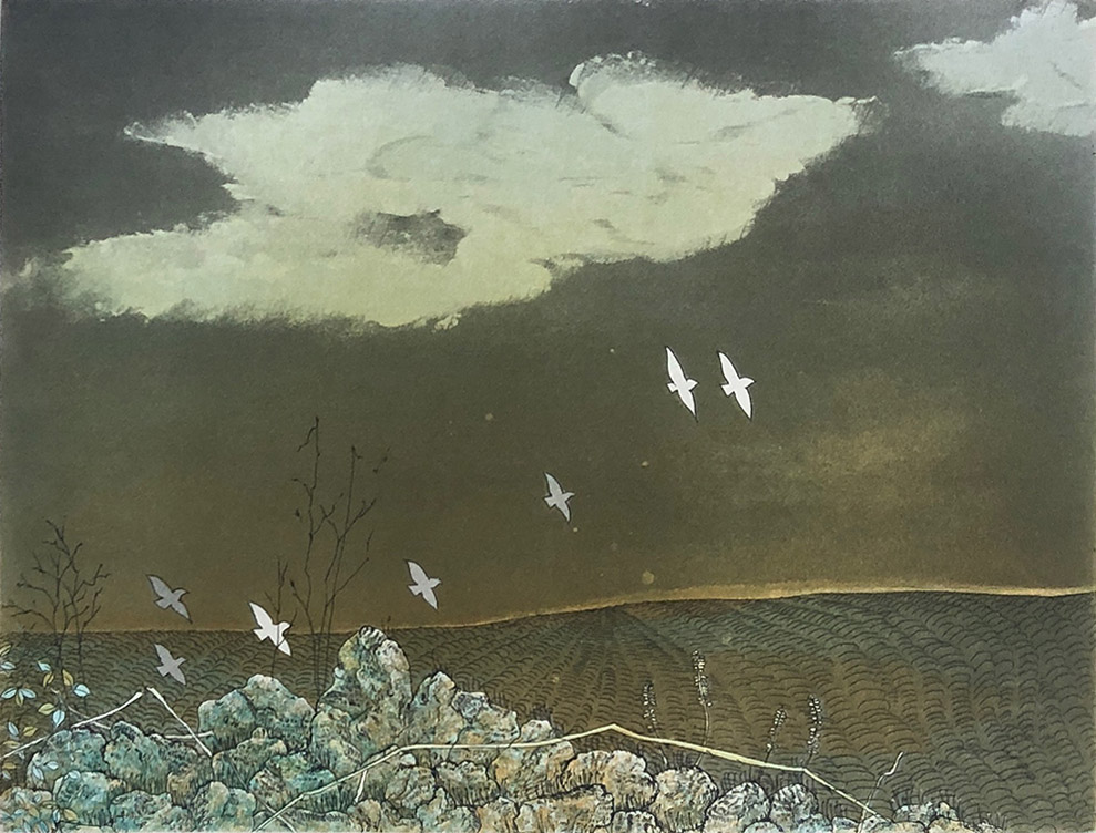 T.Ogaki. Gravure. Messagères du temps. achat gravure, achat art japonais, achat aquatinte, achat tableau