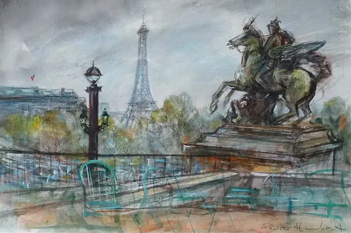 Paulette Humbert. La Tour Effel vue du Palais de Chaillot. Technique mixte sur papier.