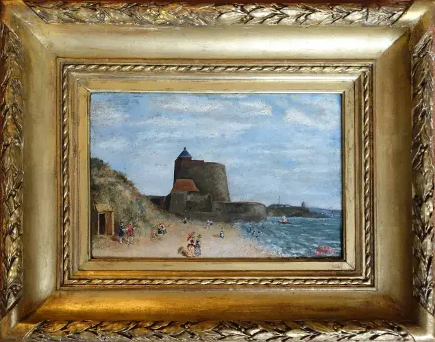 A. Witz. Promenade sur la plage. Huile sur panneau. Art naïf du XIXème siècle. Acaht art décoration