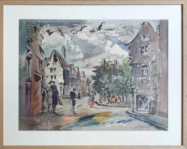 Aquarelle et encre. Scène de rue. Auguste Clergé. Achat art, tableau, décoration