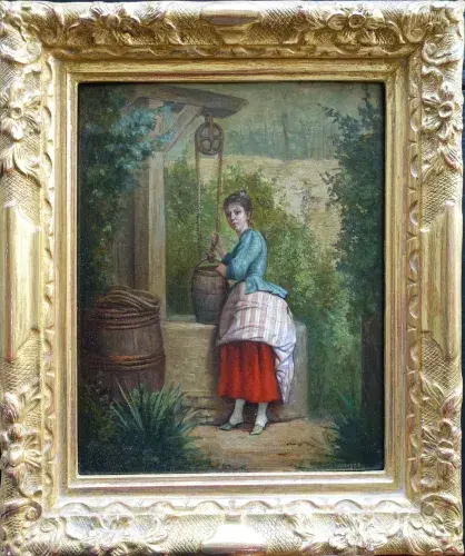 Jeune femme près du puits. Jules Béranger. Achat tableau art XIXème siècle