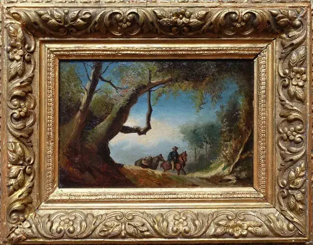Cavalier en hiver. Huile sur carton dans le goût du XVIIIeme. Achat tableau art décoration