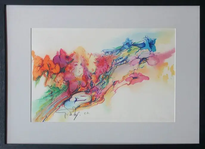 d'après Giacomo de Pass. Lithographie. Fleurs et visages roses. Achat art moderne