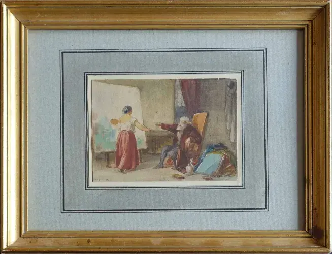 Belisario Gioja. Aquarelle : la leçon de peinture. Achat art, achat tableau, décoration