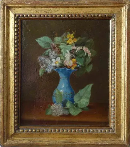 Bouquet dans un vase d'opaline. Achat art, achat tableau XIXème, achat tableau pour décoration
