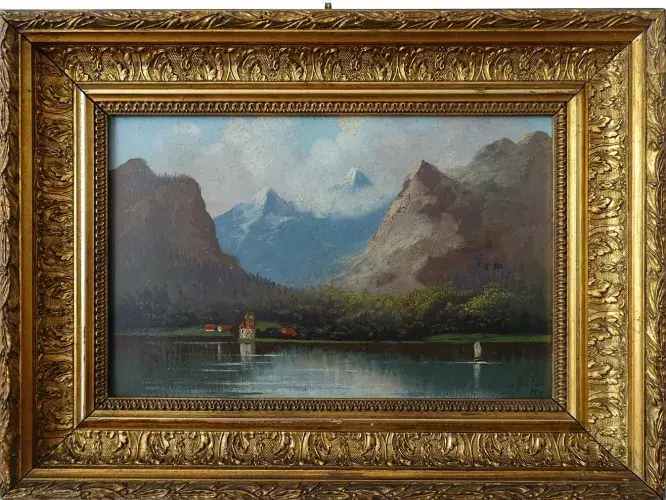 Le lac de Königsee. Huile sur carton monogrammée. XIXème siècle. Achat art décoration 