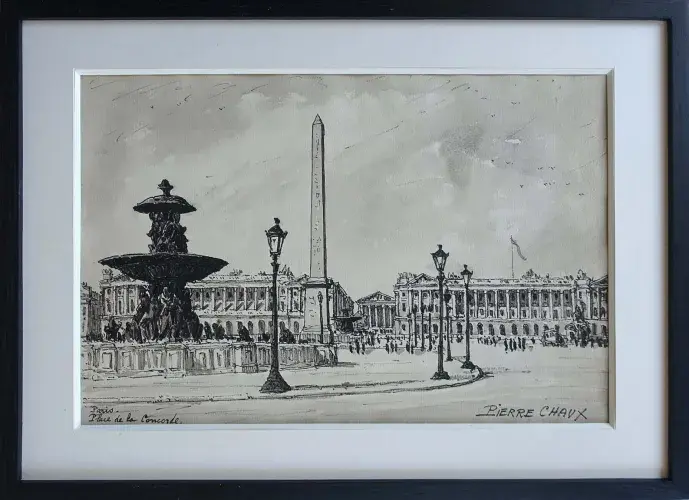 Pierre Chaux. Place de la Concorde. Lavis d'encre. Achat art décoration