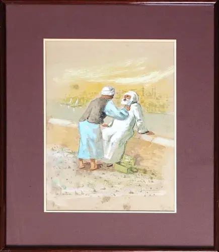 Raoul Berjonneau. Orientalisme. Le barbier. Achat art, achat tableau, art et décoration