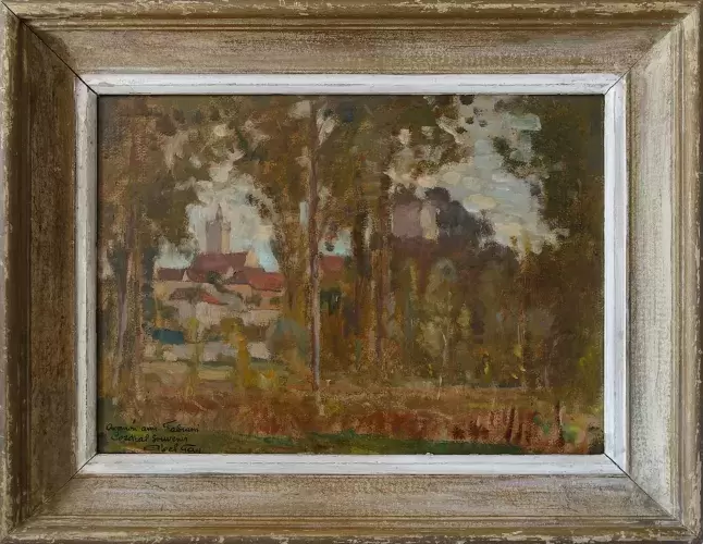 Huile sur carton Abel Gay. Village de Morestel. Achat tableau décoration