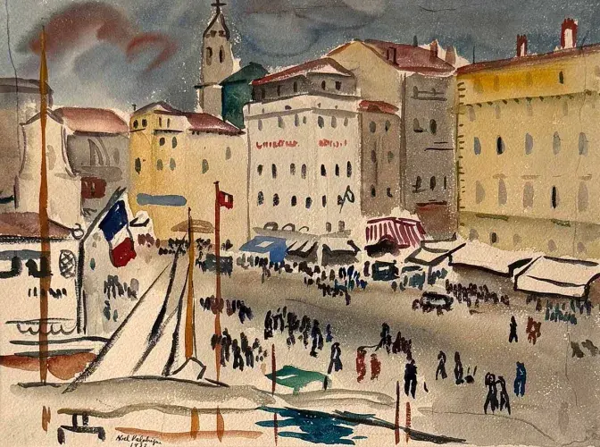 Valabrègue. Port de Marseille (Notre-Dame). Achat aquarelle, achat tableau, achat art déco.