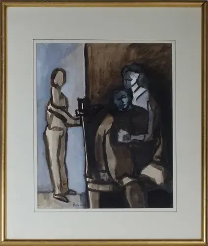 Gouache de Paul Ackerman, le peintre et ses modèles, achat tableau peinture art