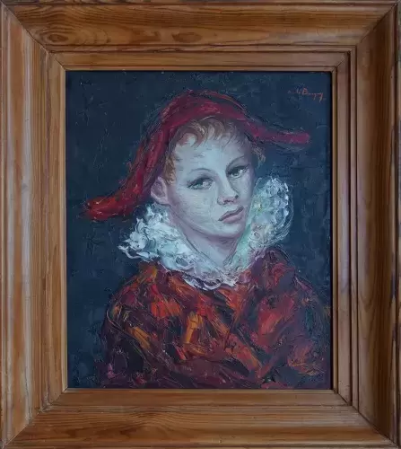 Anne de Banguy. Arlequin rouge. Huile sur isaorel? Achat tabelau art décoration.