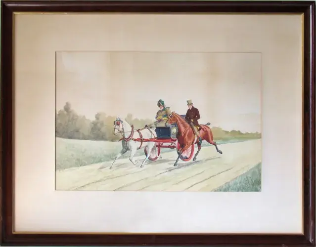Aquarelle-ROSENBAUM Richard-Attelage et cavalier couple en promenade Achat 