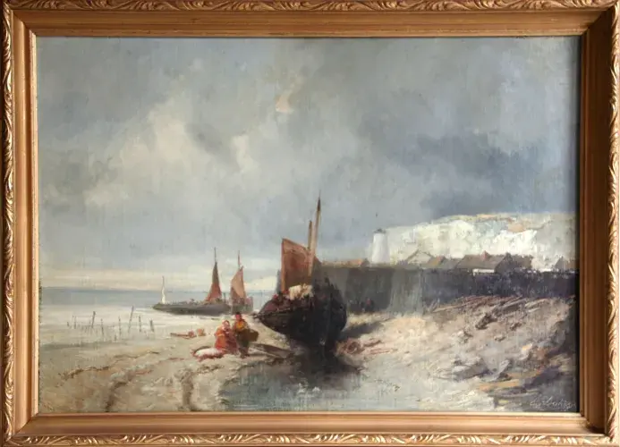 achat tableau peinture décoration barques sur la grève de eugène deshayes