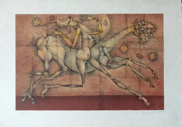 Lithographie surréaliste de Frédéric Bouché. Nu et cheval courant.