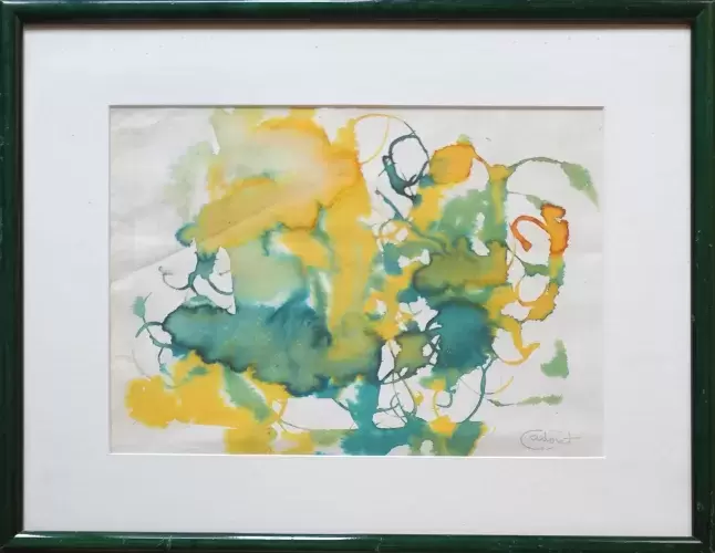 achat tableau aquarelle michel cadoret composition verte et jaune