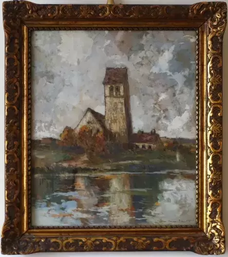 achat tableau Eglise de Monéteau. Gouache de Charles Blandin.  