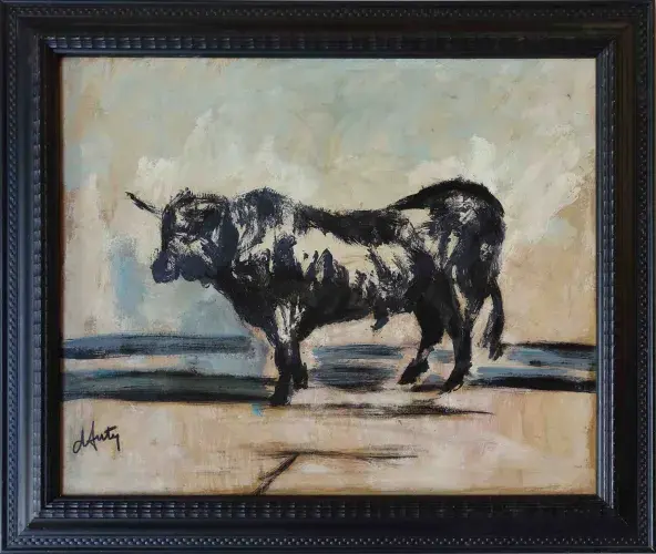 Taureau noir, huile sur isorel, Henry d'Anty.