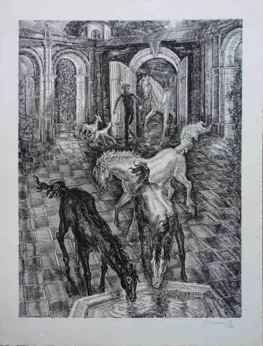 Albert Decaris. Eau-forte, Chevaux s'abreuvant, achat art, art moderne, décoration