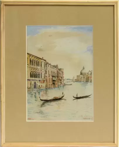 achat tableau Venise Deux gondoles à l'entrée du Grand Canal. Ecole italienne.