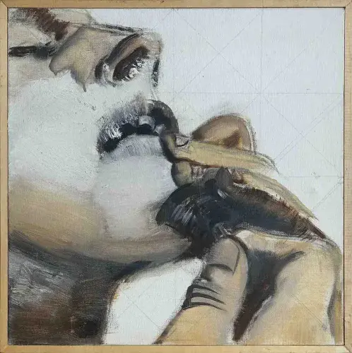 Elisabeth Dujarric. Homme se rasant.Achat art . Figuration narrative