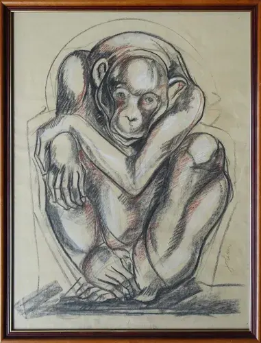 Etiennette Johan. Chimpanzé. Dessin aux trois crayons,achat art, art déco