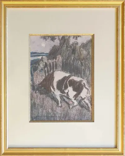 Fusain et aquarelle. Auguste Leroux. Félicité et le taureau. Achat Cadeau tableau décoration illustration dessin