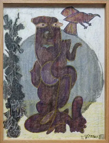 Achat cadeau art moderne décoration tableau Virmaux Femme à l'oiseau technique mixte surréalisme primitivisme