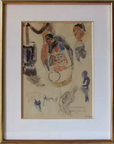 Aquarelle-REBOUSSIN Roger-Femmes pilant le mil. Africanisme. Afrique.Femmes hutu