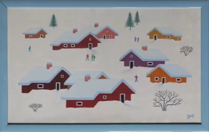 Village enneigé. Art naïf. Huile sur toile de Gil Acat tableau gaerie d'art en ligne