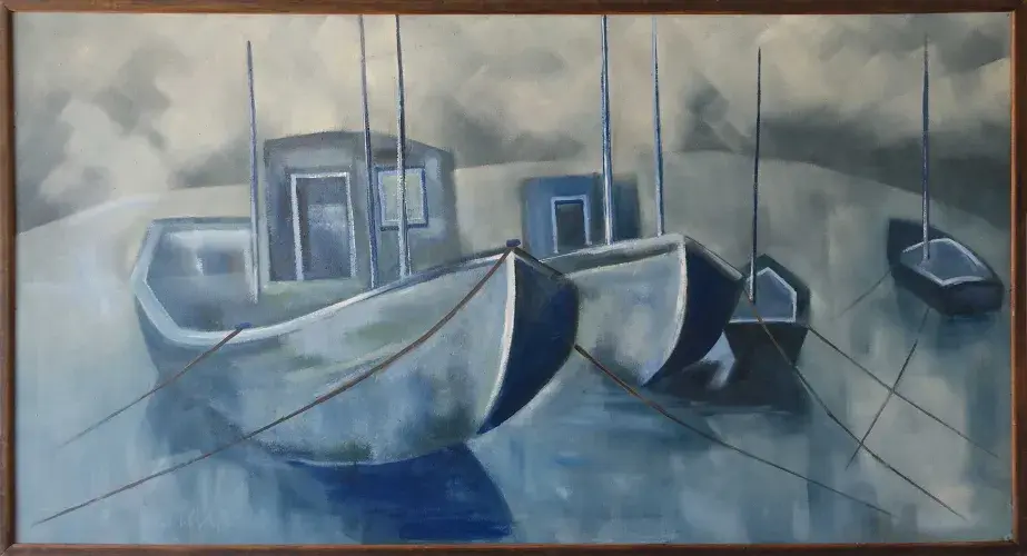 David Giles. Les chalutiers bleus huile sur isorel. Acat art décoration tableau