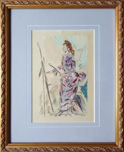 Gouache sur papier crème.  Ecole française du XX eme siècle. Femme rousse peignant. Achat art décoration