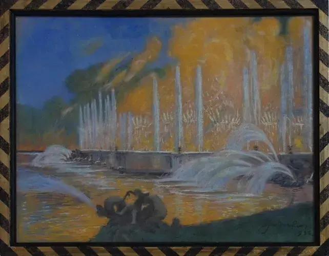 Les grands eaux. Pastel signé. Années trente.