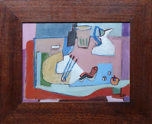hans Koffer. La table du Peintre. Nature morte cubofuturiste. Huile sur panneau. Achat tableau. Décoration.