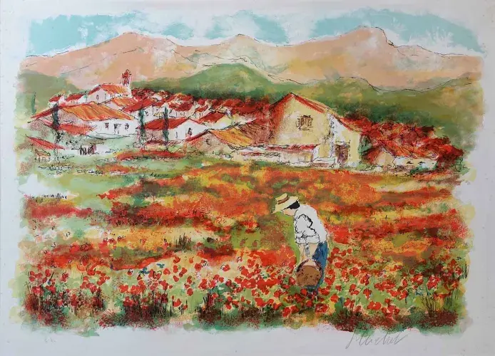 Urbain Huchet. Lithographie. Champ de fleurs en provence. Achat art, achat tableau, décoration