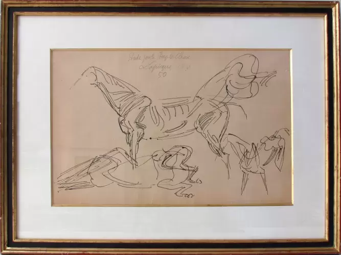 Fusain-Encre-LAPICQUE Charles-Le steeple chase-Dessin préparatoire