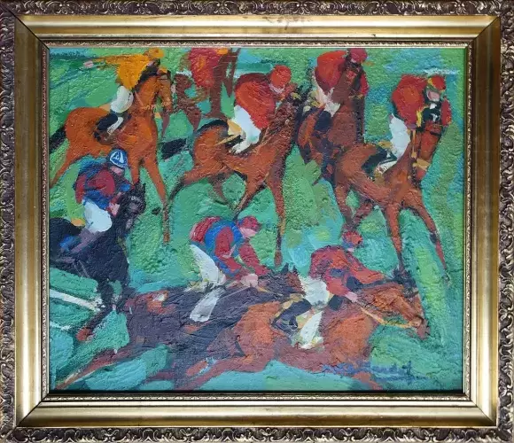 Les jockeys. Huile sur toile de Pierre Gaillardot. Courses de chevaux.