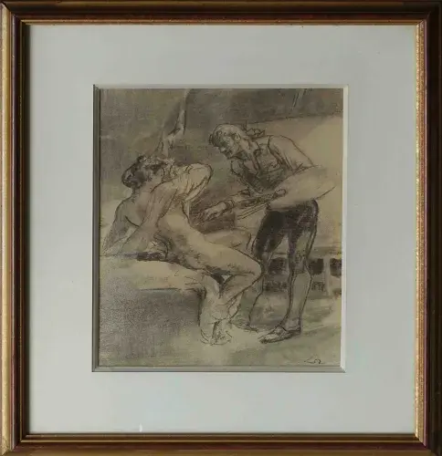 Lobel-Riche. Fusain. Le peintre et son modèle. Achat art, achat illustration, achat dessin