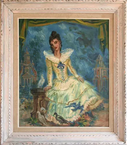 achat tableau peinture décoration Lucrecia. Jeune femme aux colombes de Albert Decaris