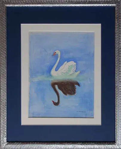 achat tableau cygne blanc cygne noir Aquarelle sur traits de crayon